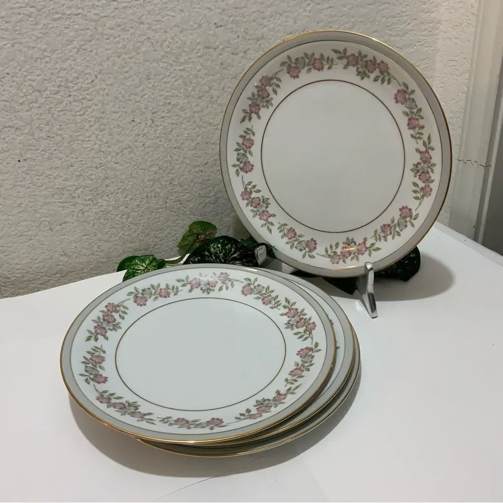 Noritake 5433 Gray & Gold Rimmed 10 3/8” Flowers Japan Set Of 4 Dinner Plate G5